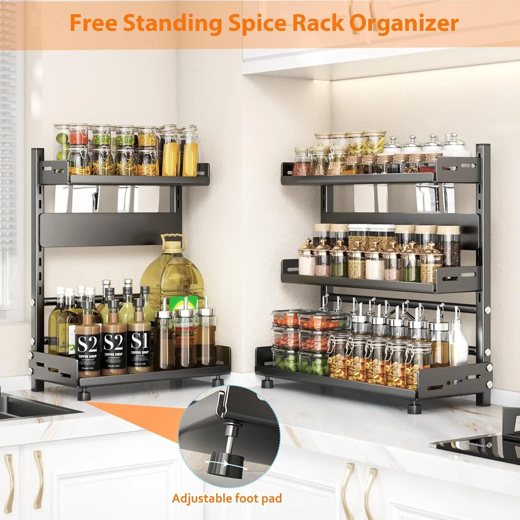 3-Tier Adjustable Spice Rack Organizer–Kitchen Seasoning Storage Shelf