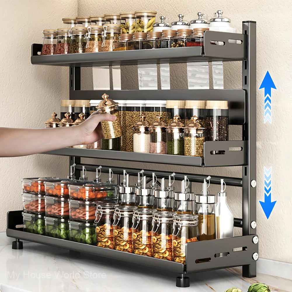 3-Tier Adjustable Spice Rack Organizer–Kitchen Seasoning Storage Shelf