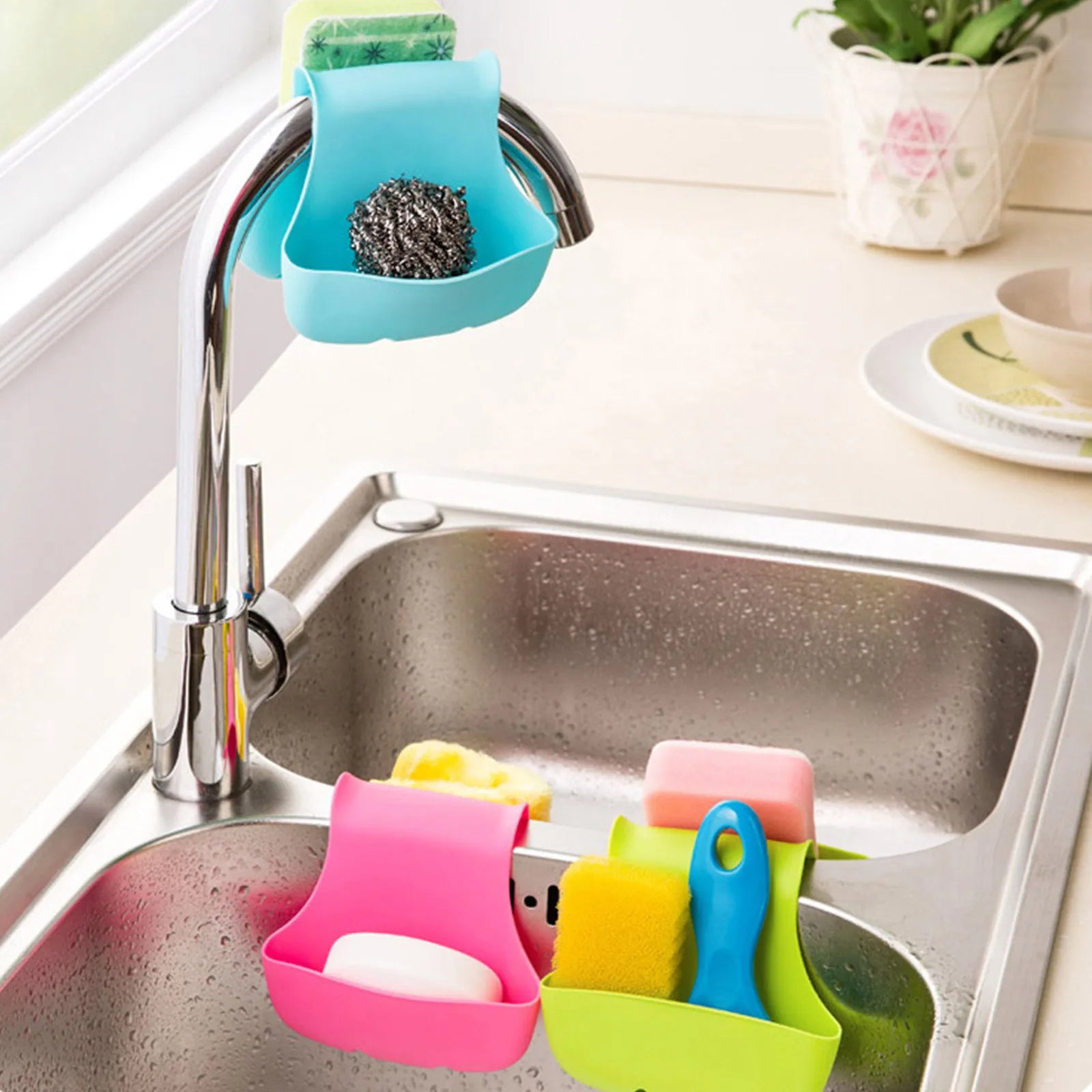 Double Sink Caddy Organizer – Kitchen Sponge & Soap Holder Rack