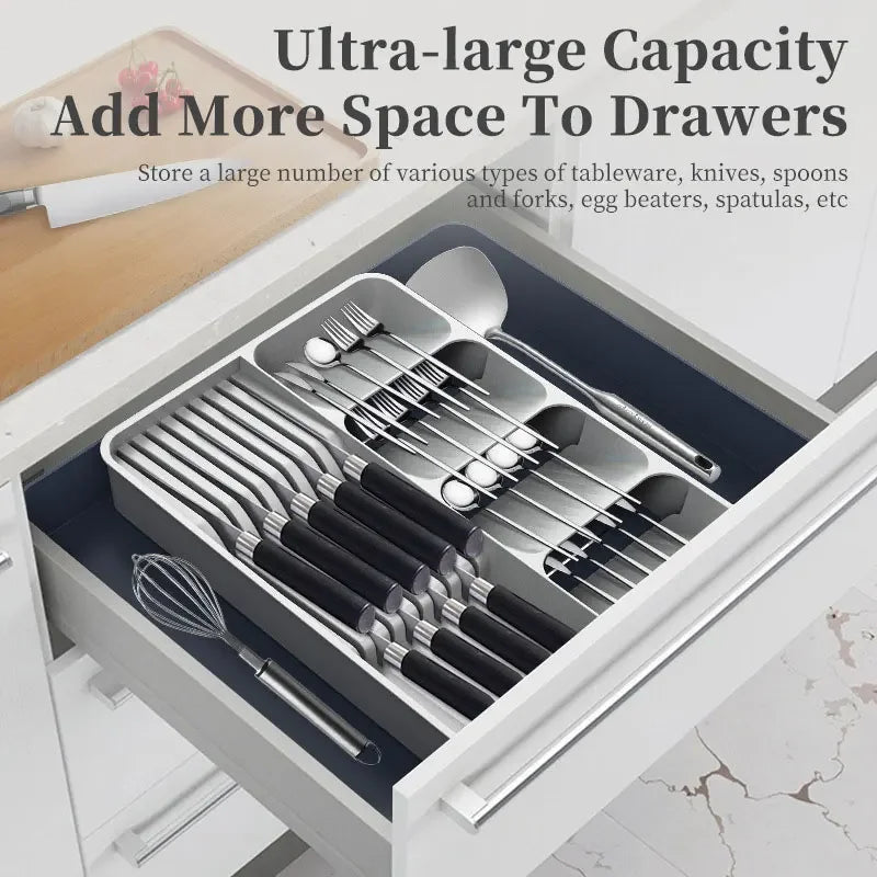 Expandable Cutlery Drawer Organizer with Knife Holder–Kitchen Utensil
